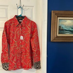 NWT Women Tizzie Red Chain & Contrasting Leopard Print Long Sleeve Buttondown